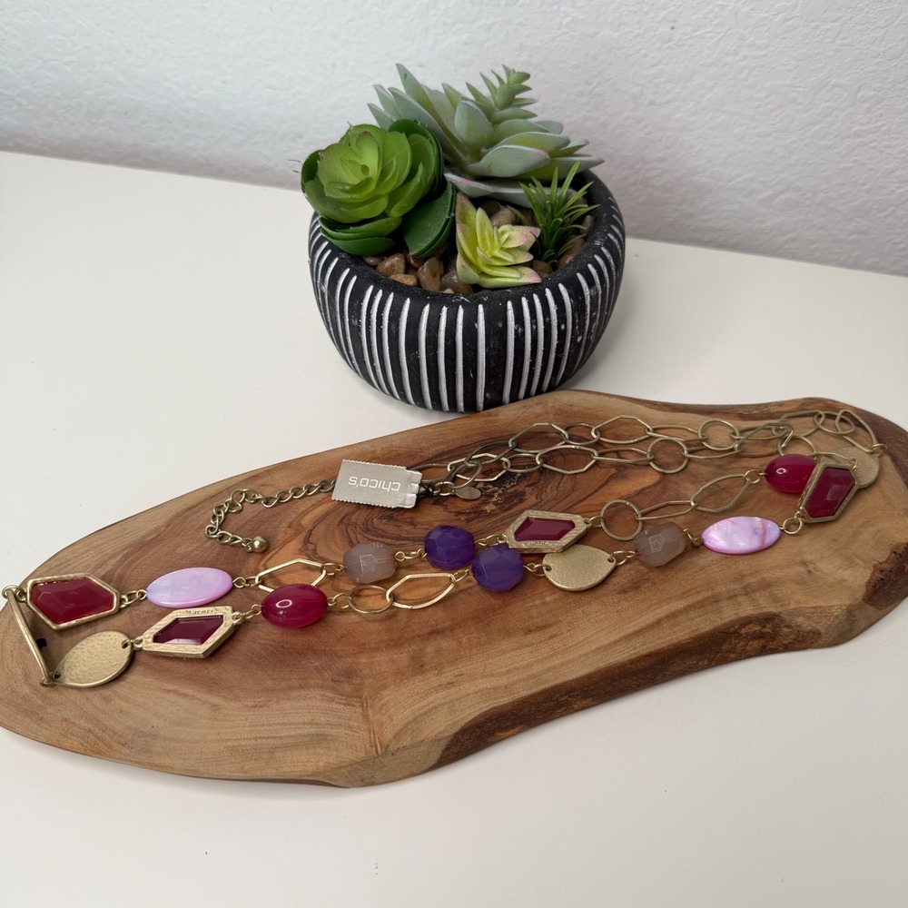 Chico's‎ Catrin Necklace Womens Gold Purple Pink Resin Beaded Statement Boho OS